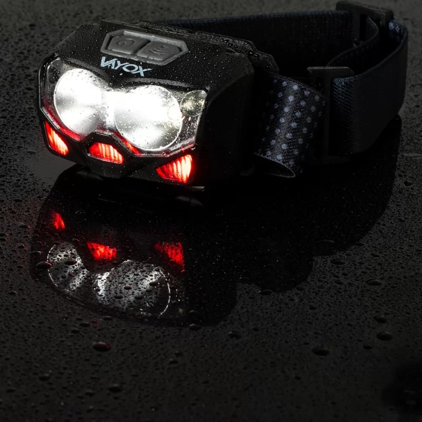 LED Aptumšojama uzlādējams galvas lampa ar sensoru un sarkana lampa 2xLED/5W/5V/3xAAA IP65 500 spīdīgs 1200 mAh