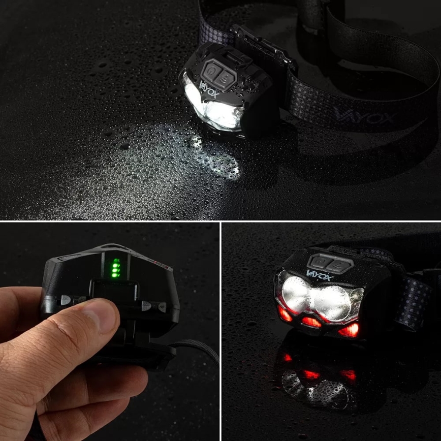 LED Aptumšojama uzlādējams galvas lampa ar sensoru un sarkana lampa 2xLED/5W/5V/3xAAA IP65 500 spīdīgs 1200 mAh
