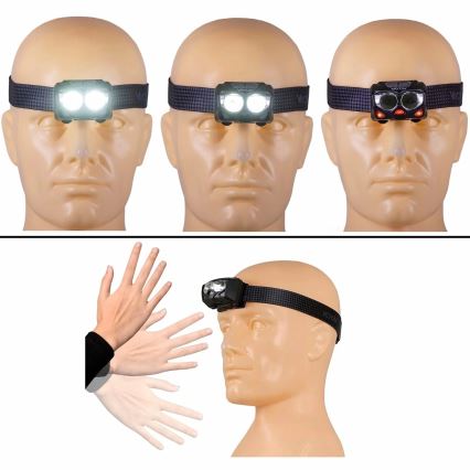 LED Aptumšojama uzlādējams galvas lampa ar sensoru un sarkana lampa 2xLED/5W/5V/3xAAA IP65 500 spīdīgs 1200 mAh