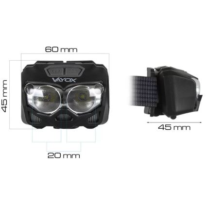LED Aptumšojama uzlādējams galvas lampa ar sensoru un sarkana lampa 2xLED/5W/5V/3xAAA IP65 500 spīdīgs 1200 mAh