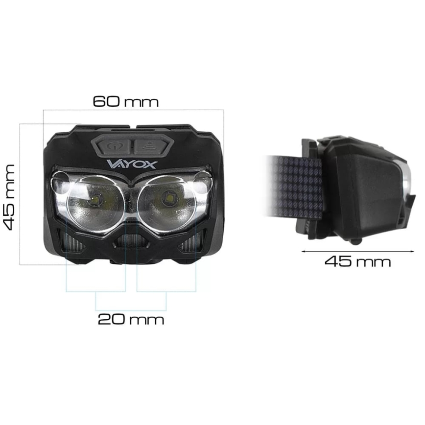 LED Aptumšojama uzlādējams galvas lampa ar sensoru un sarkana lampa 2xLED/5W/5V/3xAAA IP65 500 spīdīgs 1200 mAh