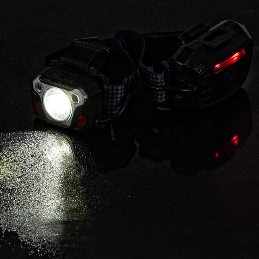 LED Aptumšojama uzlādējams galvas lampa ar sensoru ar lādētājakumulatora funkciju un sarkana lampa LED/10W/5V IP44 1200 spīdīgs 4000 mAh