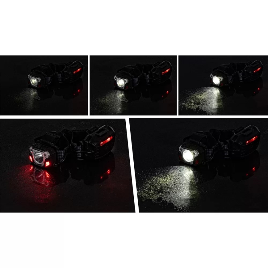 LED Aptumšojama uzlādējams galvas lampa ar sensoru ar lādētājakumulatora funkciju un sarkana lampa LED/10W/5V IP44 1200 spīdīgs 4000 mAh