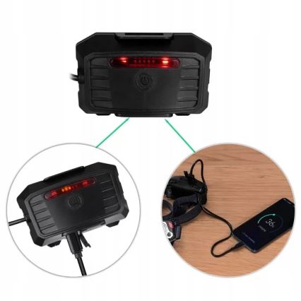 LED Aptumšojama uzlādējams galvas lampa ar sensoru ar lādētājakumulatora funkciju un sarkana lampa LED/10W/5V IP44 1200 spīdīgs 4000 mAh
