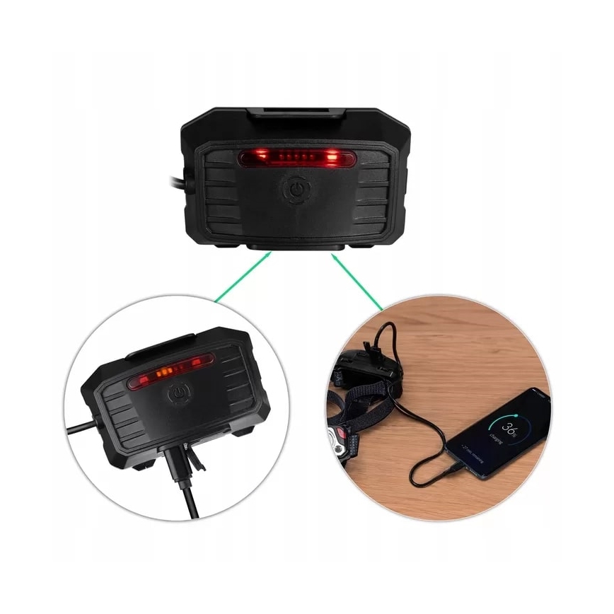 LED Aptumšojama uzlādējams galvas lampa ar sensoru ar lādētājakumulatora funkciju un sarkana lampa LED/10W/5V IP44 1200 spīdīgs 4000 mAh
