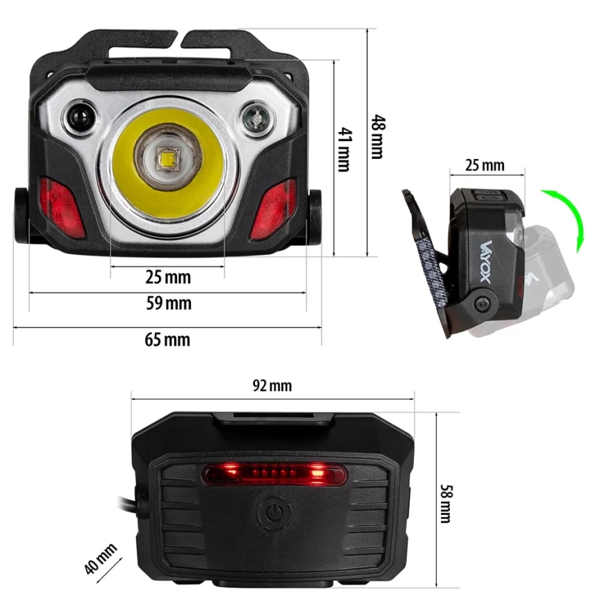LED Aptumšojama uzlādējams galvas lampa ar sensoru ar lādētājakumulatora funkciju un sarkana lampa LED/10W/5V IP44 1200 spīdīgs 4000 mAh
