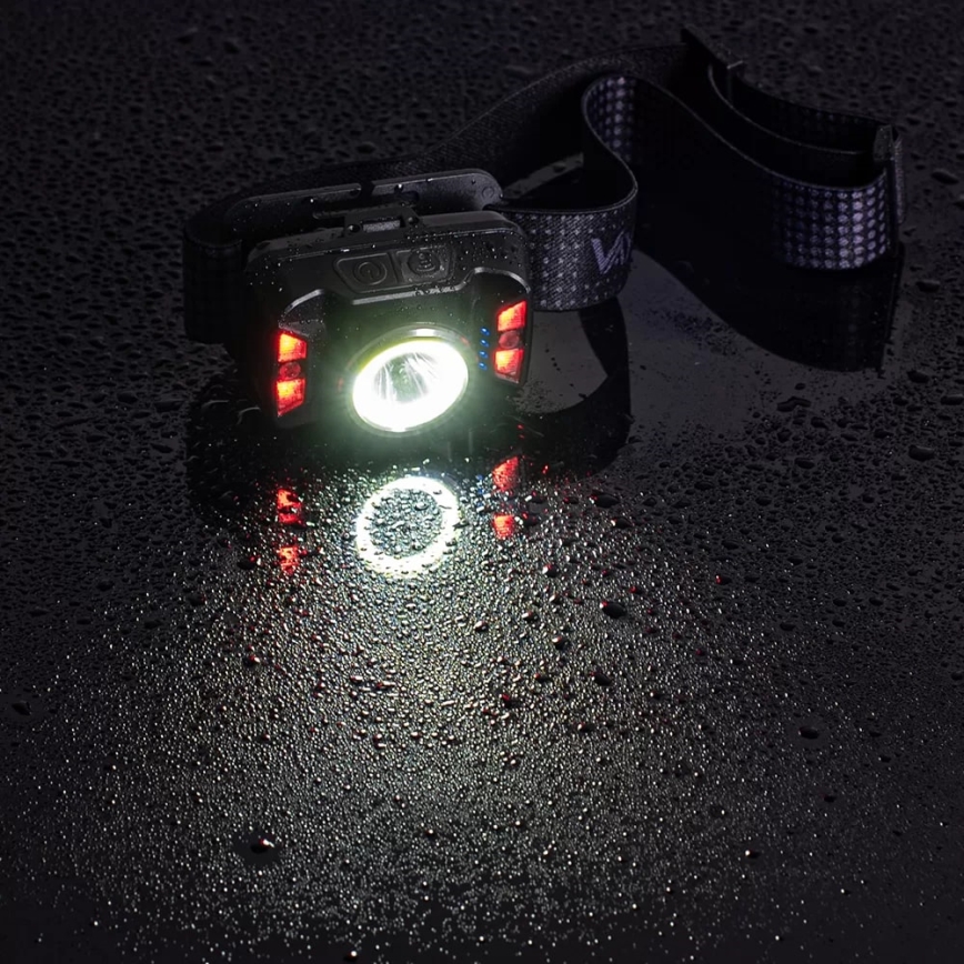 LED Aptumšojama uzlādējams galvas lampa ar sensoru un sarkana lampa LED/15W/5V IP66 430 spīdīgs 1800 mAh