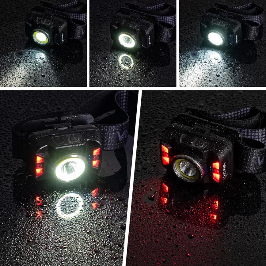 LED Aptumšojama uzlādējams galvas lampa ar sensoru un sarkana lampa LED/15W/5V IP66 430 spīdīgs 1800 mAh