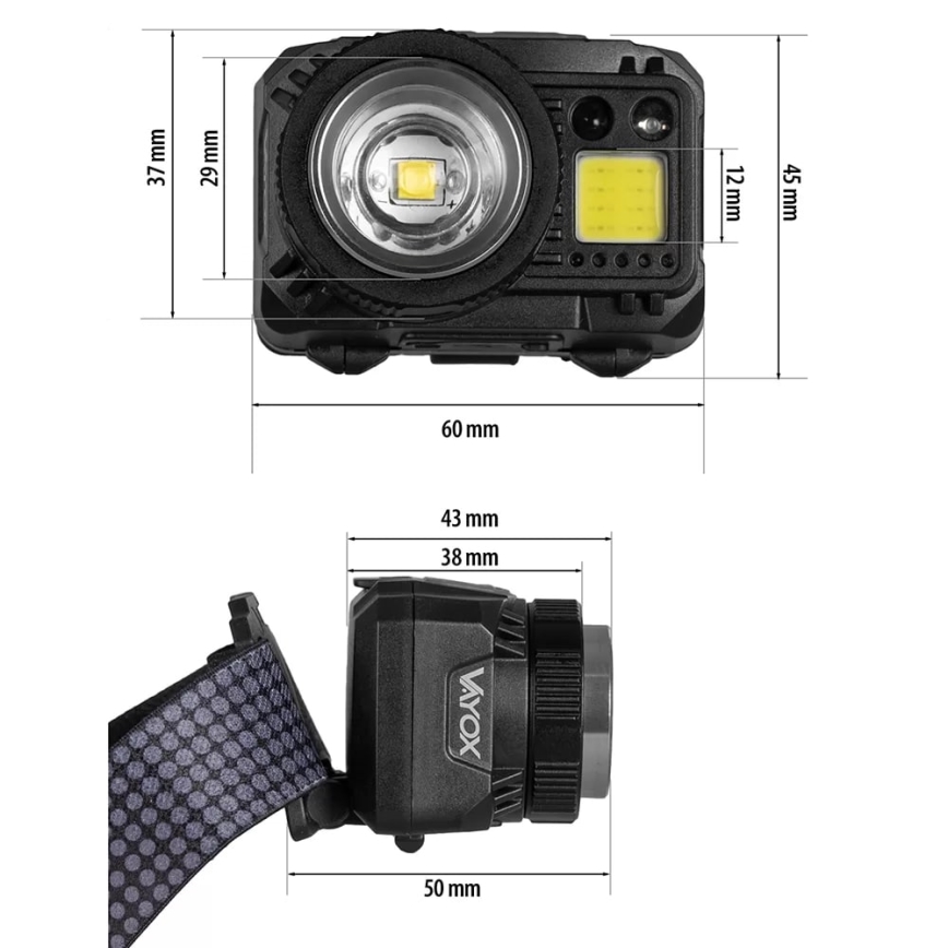 LED Aptumšojama uzlādējams galvas lampa ar sensoru un sarkana lampa LED/6W/5V/3xAAA IP44 500 spīdīgs 1200 mAh