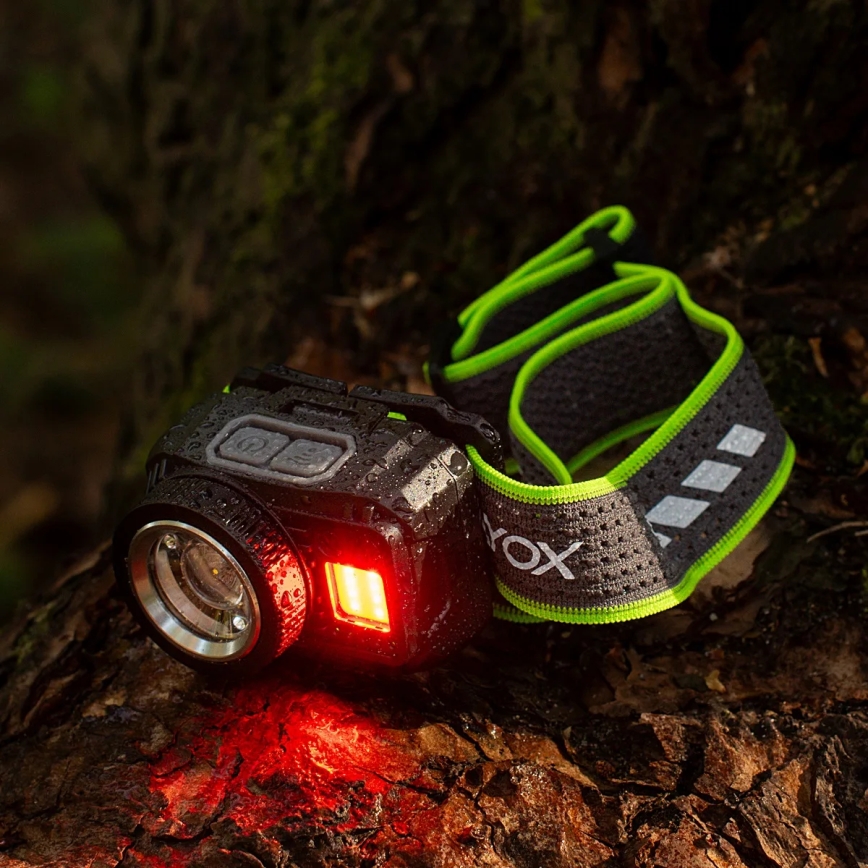 LED uzlādējama galvas lampa ar regulējamu spilgtumu, sensoru un sarkano gaismu LED/6W/5V/3xAAA IP66 500 lm 1200 mAh