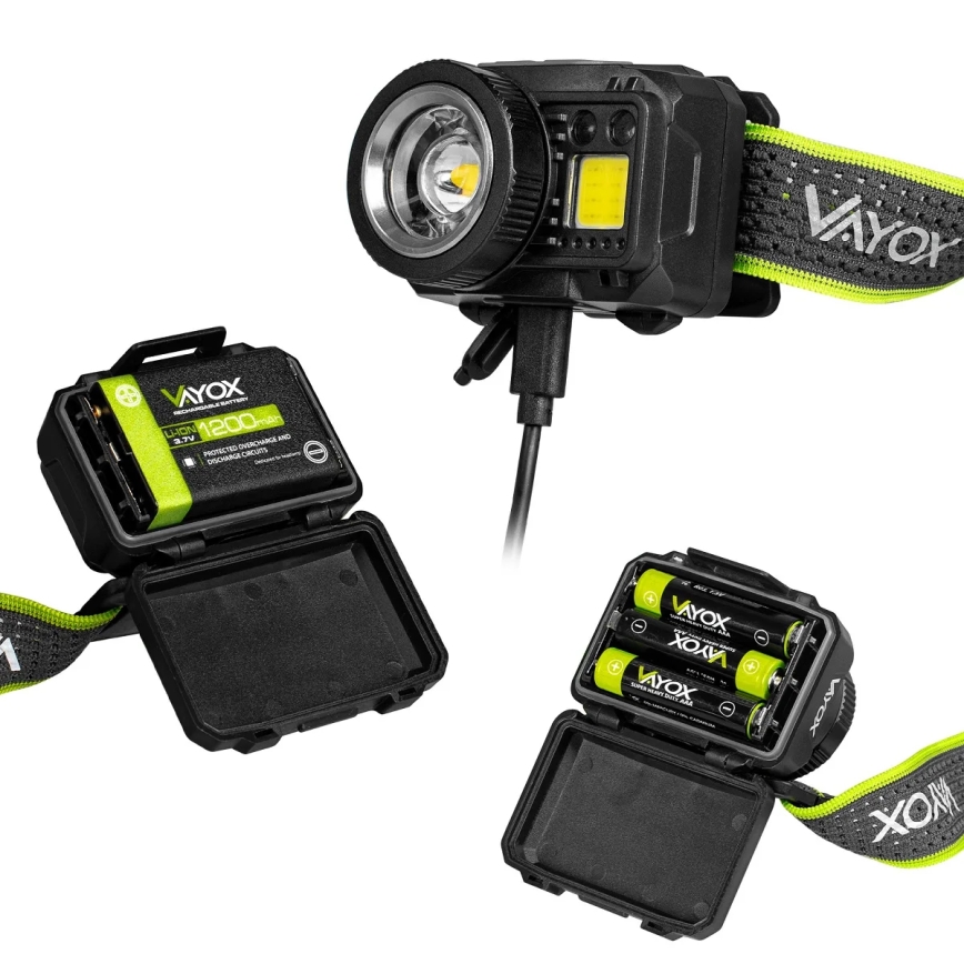 LED uzlādējama galvas lampa ar regulējamu spilgtumu, sensoru un sarkano gaismu LED/6W/5V/3xAAA IP66 500 lm 1200 mAh