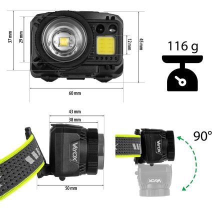 LED uzlādējama galvas lampa ar regulējamu spilgtumu, sensoru un sarkano gaismu LED/6W/5V/3xAAA IP66 500 lm 1200 mAh