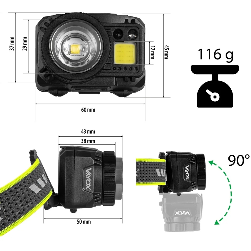 LED uzlādējama galvas lampa ar regulējamu spilgtumu, sensoru un sarkano gaismu LED/6W/5V/3xAAA IP66 500 lm 1200 mAh