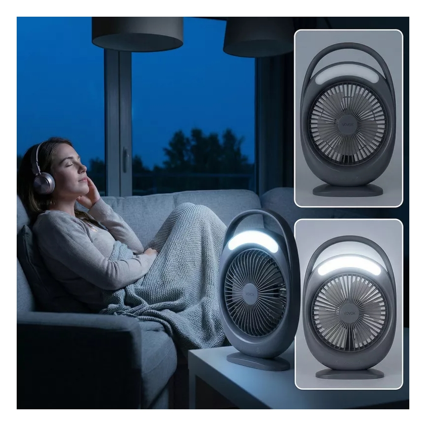 LED uzlādējamais galda ventilators ar LED apgaismojumu LED/2,8W/5V USB 2400 mAh pelēks