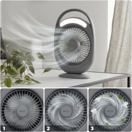 LED uzlādējamais galda ventilators ar LED apgaismojumu LED/2,8W/5V USB 2400 mAh pelēks