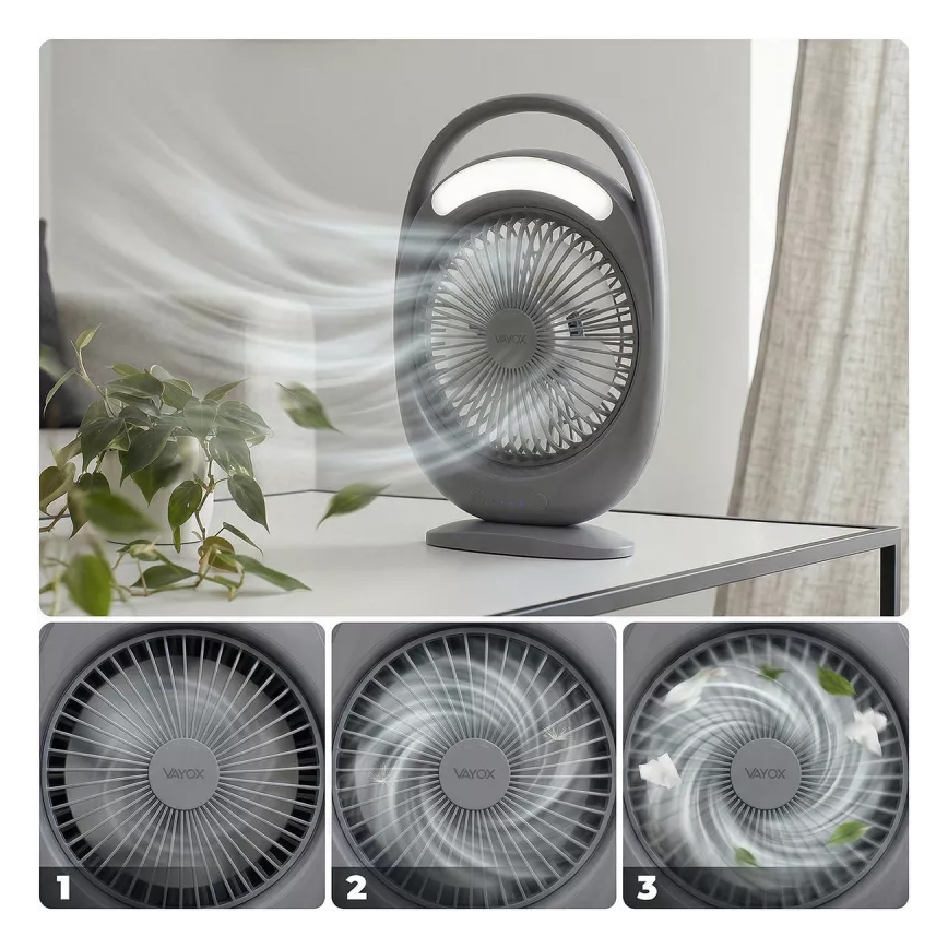 LED uzlādējamais galda ventilators ar LED apgaismojumu LED/2,8W/5V USB 2400 mAh pelēks