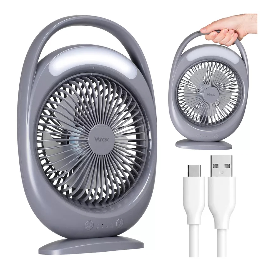 LED uzlādējamais galda ventilators ar LED apgaismojumu LED/2,8W/5V USB 2400 mAh pelēks
