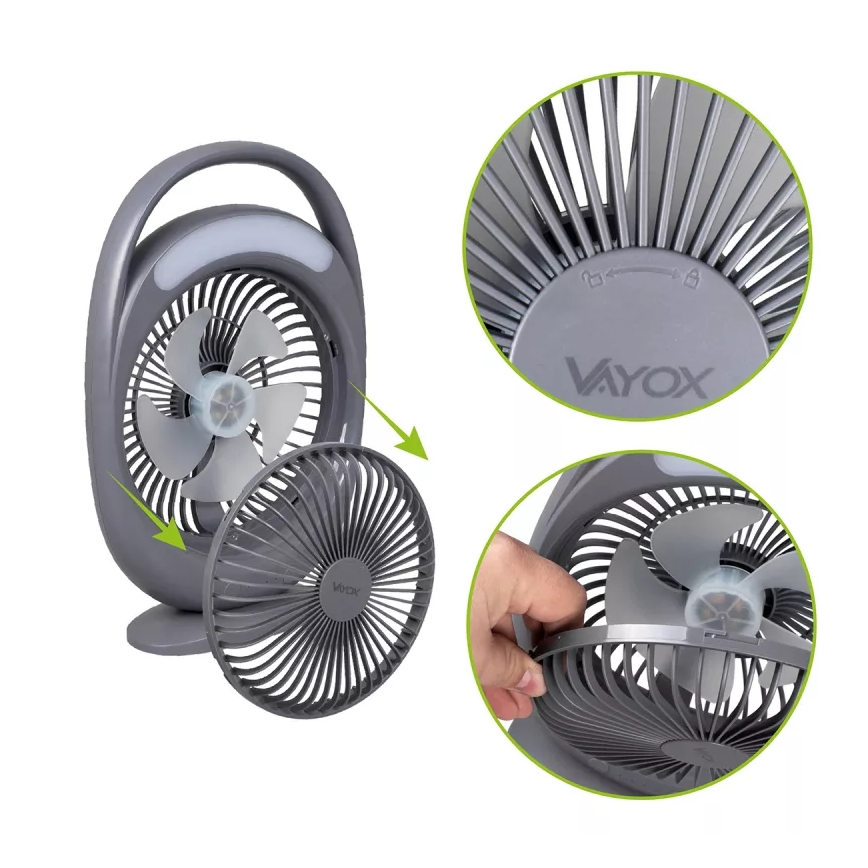 LED uzlādējamais galda ventilators ar LED apgaismojumu LED/2,8W/5V USB 2400 mAh pelēks