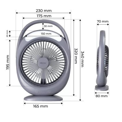 LED uzlādējamais galda ventilators ar LED apgaismojumu LED/2,8W/5V USB 2400 mAh pelēks
