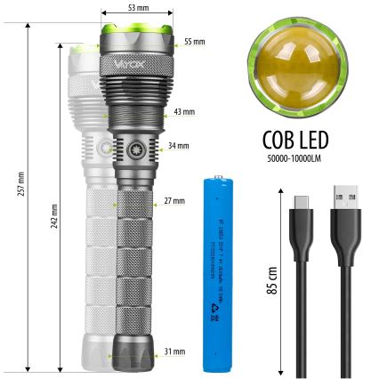 LED Aptumšojams uzlādējams lukturītis ar lādētājakumulatoru funkcija LED/5V IPX7 10000 spīdīgs 2600 mAh