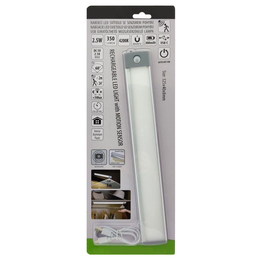 LED Uzlādējams mēbeļu apgaismojums ar sensoru LED/2,5W/5V USB 800 mAh 4200K 32,5 cm