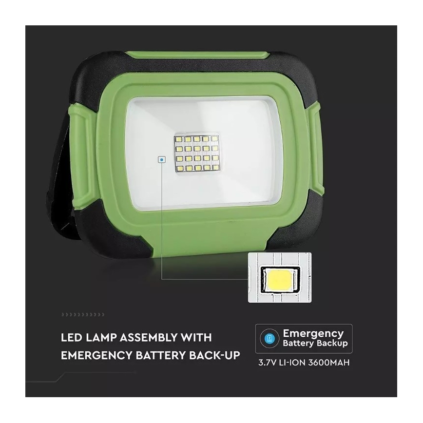 LED Uzlādējams prožektors SAMSUNG CHIP LED/10W/3,7V IP44 4000K 3600 mAh zaļa