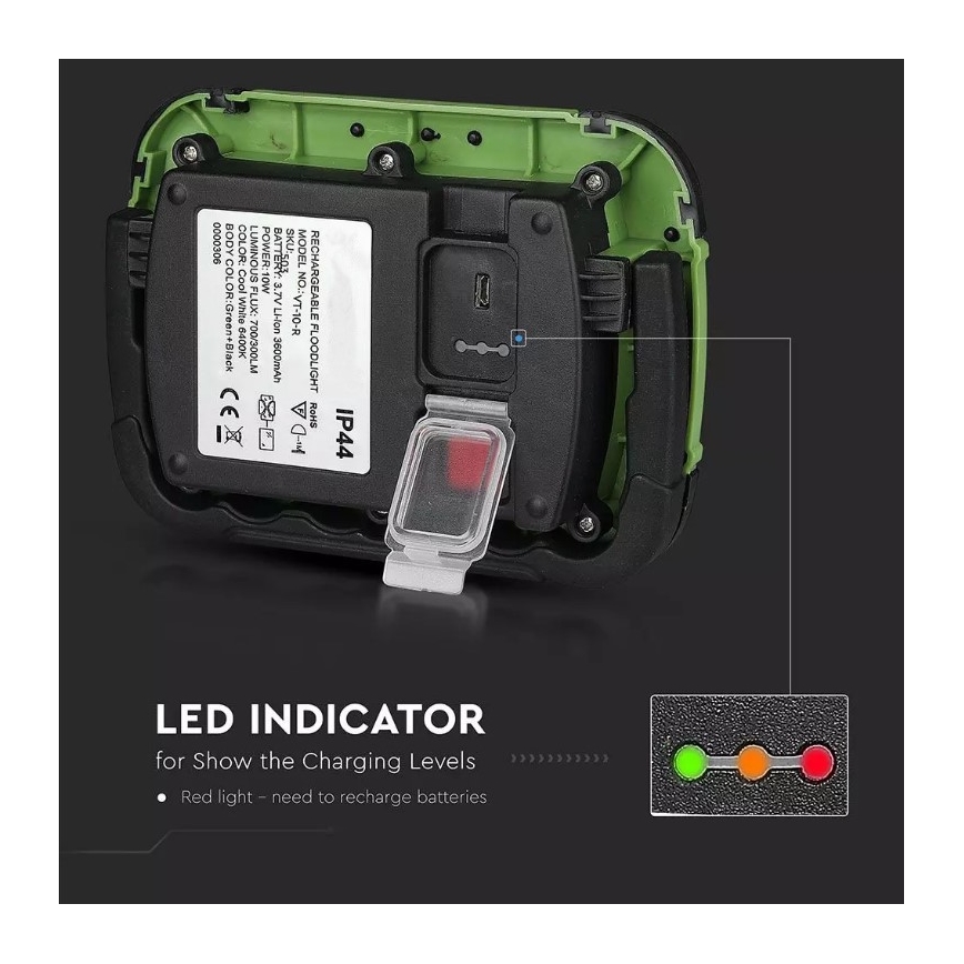 LED Uzlādējams prožektors SAMSUNG CHIP LED/10W/3,7V IP44 4000K 3600 mAh zaļa