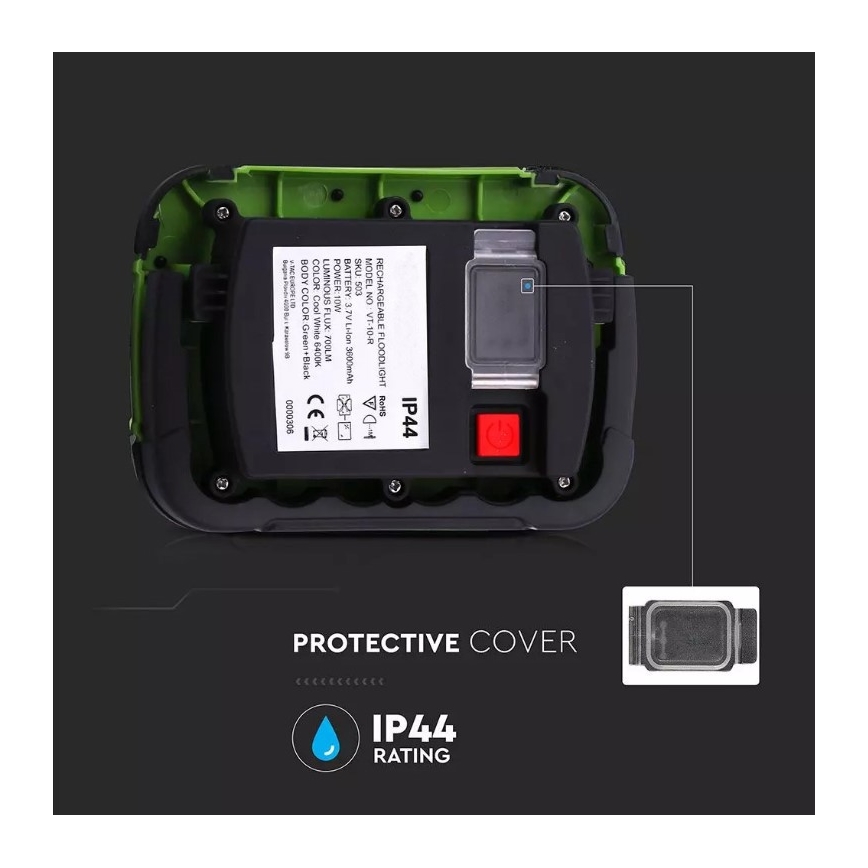LED Uzlādējams prožektors SAMSUNG CHIP LED/10W/3,7V IP44 4000K 3600 mAh zaļa