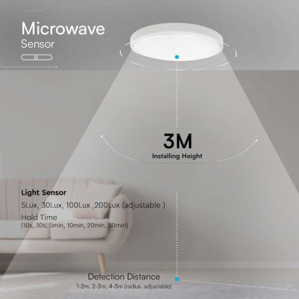 LED Vannas istabas griestu lampa ar sensoru SAMSUNG CHIP LED/18W/230V IP44 3000K d. 29 cm balta + tālvadības pults