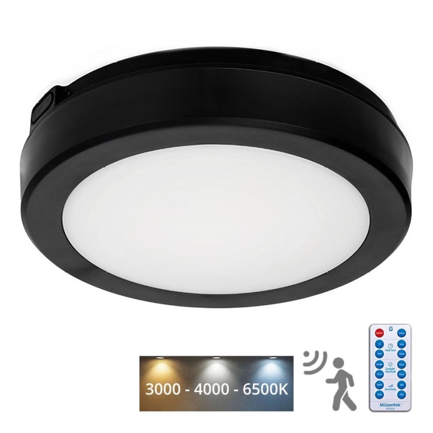 LED Vannas istabas griestu lampa ar sensoru NAIROS LED/12W/230V IP65 3000/4000/6500K d. 20 cm melna + tālvadības pults