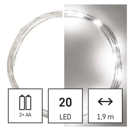 LED  virtene 20xLED/2xAA 2,4m auksti balta