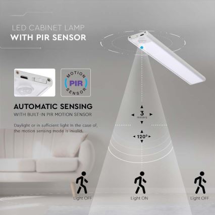 LED Virtuves zem skapīša lampa ar sensoru LED/2,5W/5V 4000K 3000 mAh