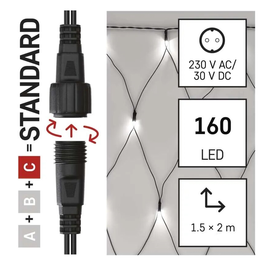 LED Ziemassvētku āra virtene 160xLED/2x1,5m IP44 vēsi balts