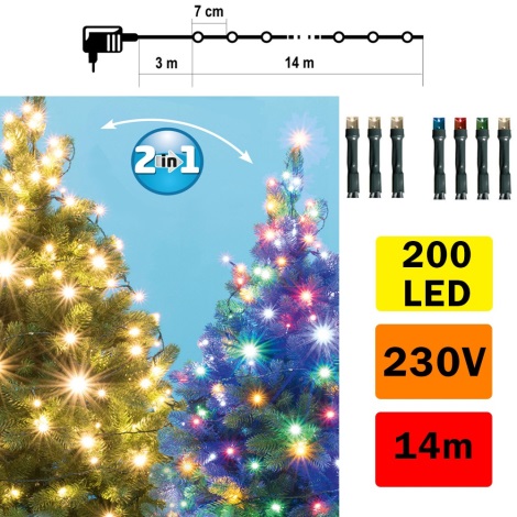LED Ziemassvētku āra virtene 200xLED/5 funkcijas 17m IP44 silti balta/daudzkrāsaina