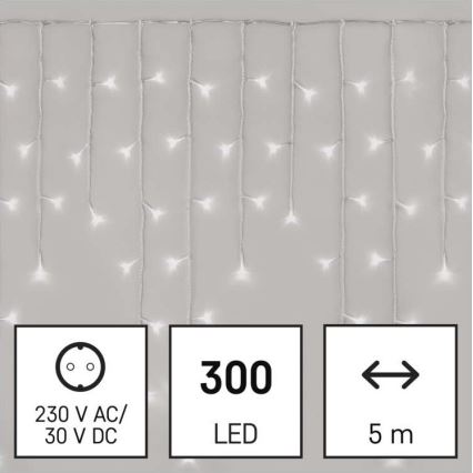 LED Ziemassvētku āra virtene 300xLED/8 režīmi 10m IP44 vēsi balta + tālvadības pults