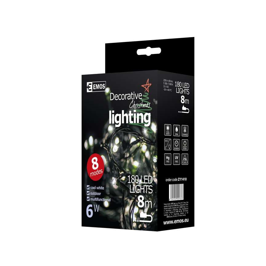 LED Ziemassvētku āra virtene CHAIN 180xLED/8 funkcijas 8m IP44 vēsi balta