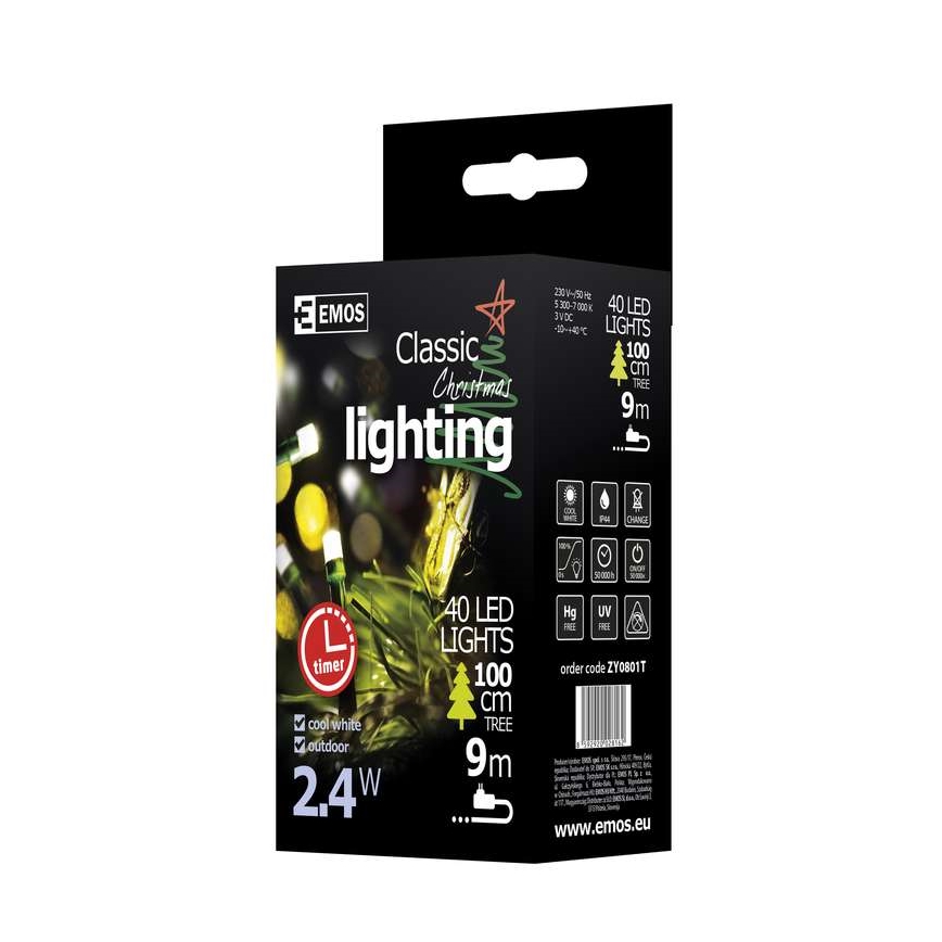 LED Ziemassvētku āra virtene CHAIN 40xLED 9m IP44 vēsi balta