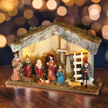 LED Ziemassvētku rotājums LED/2xAA/silti balta Kristus dzimšanas aina