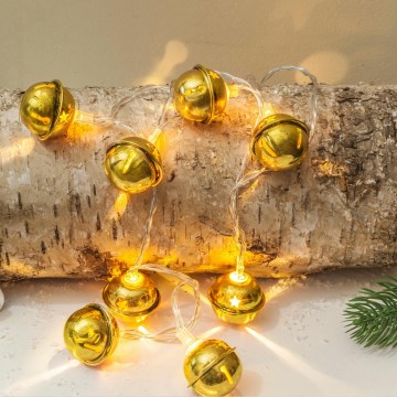 LED Ziemassvētku virtene 10xLED/2xAA/siltā balta 1,8m zvaniņi