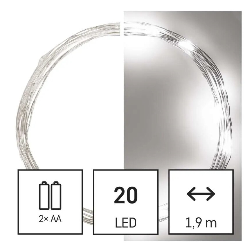 LED Ziemassvētku virtene 20xLED/2xAA 2,4m vēsi balts