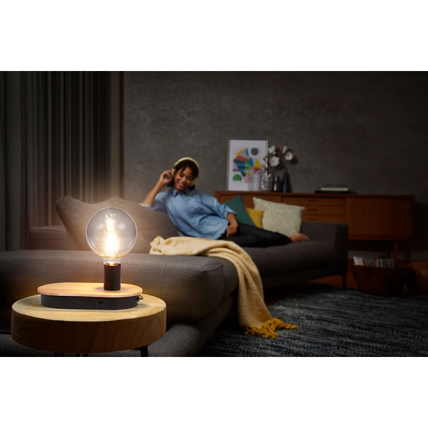 Ledvance - Gaismeklis ar pieskārienu un USB pieslēgvietu DECOR WOOD 1xE27/8W/230V gumijas koks