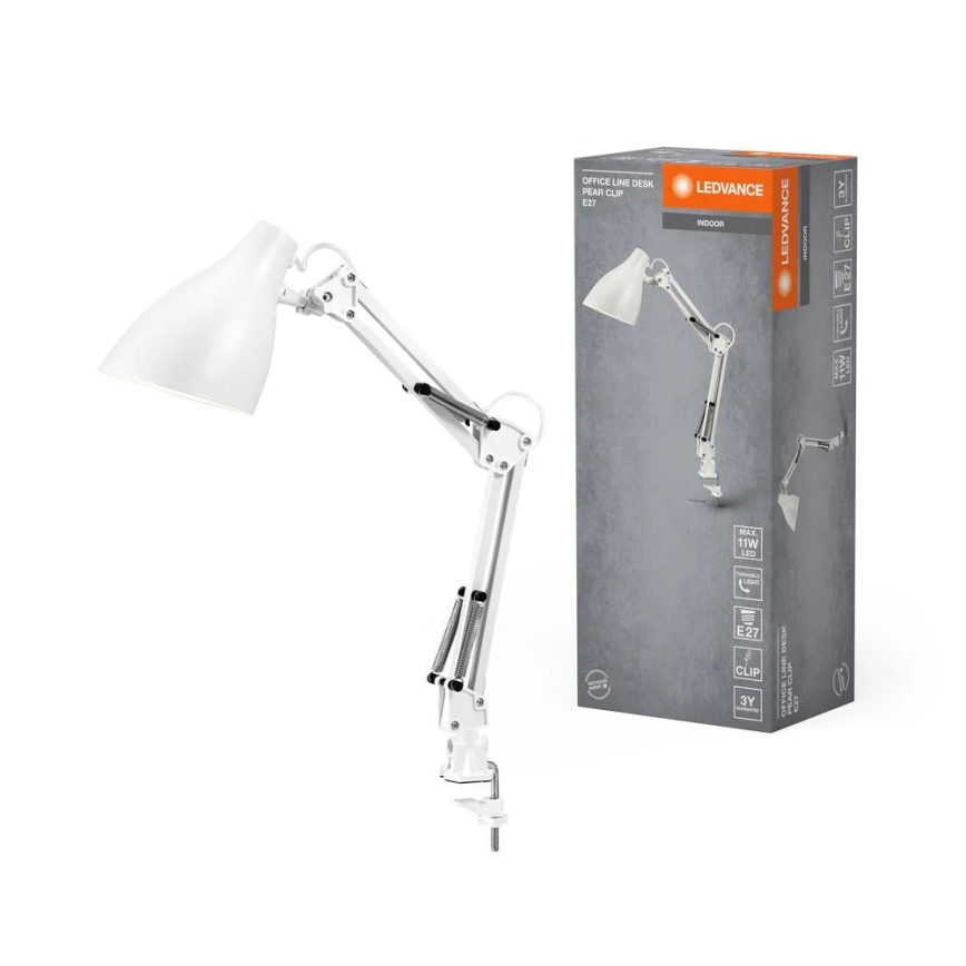 Ledvance - Galda lampa ar skavu PEAR 1xE27/11W/230V balta