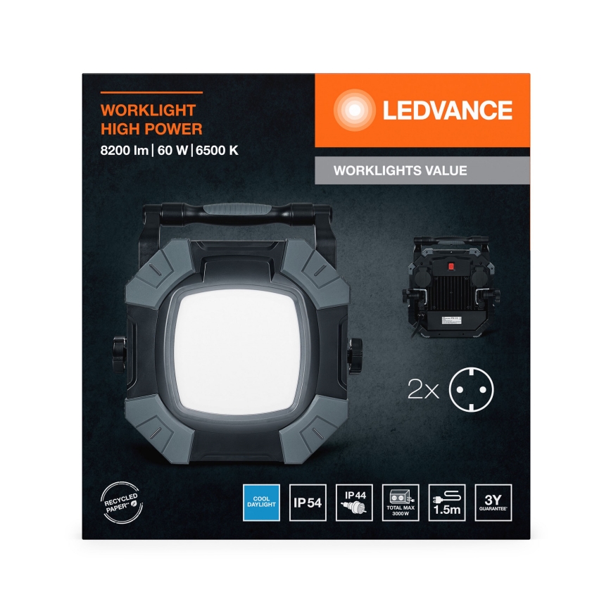 Ledvance - LED Aptumšojama darba lampa ar 2 kontaktligzdām WORKLIGHT VALUE LED/60W/230V IP54