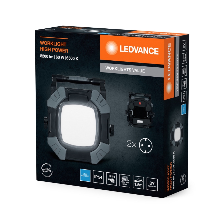 Ledvance - LED Aptumšojama darba lampa ar 2 kontaktligzdām WORKLIGHT VALUE LED/60W/230V IP54
