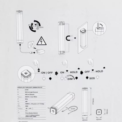 Ledvance - LED Aptumšojama orientēšanās lampa LINEAR LED/6,9W/5V 2200 mAh IP54