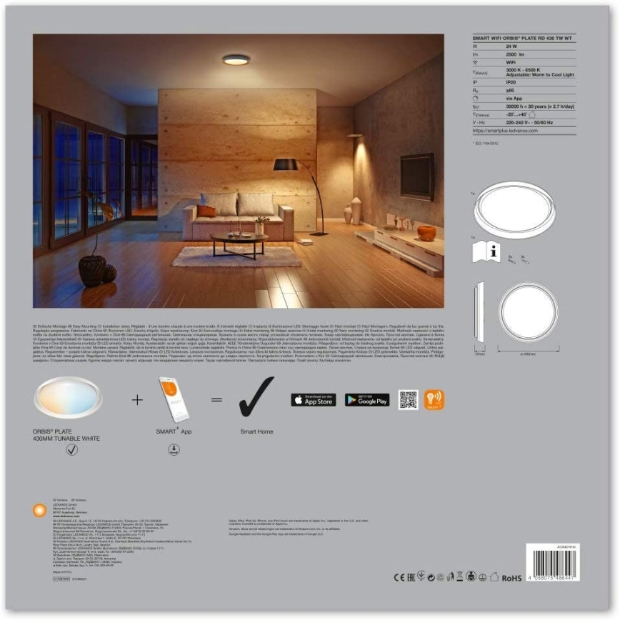Ledvance - LED Aptumšojams gaismeklis SMART+ PLATE LED/24W/230V 3,000K-6,500K Wi-Fi