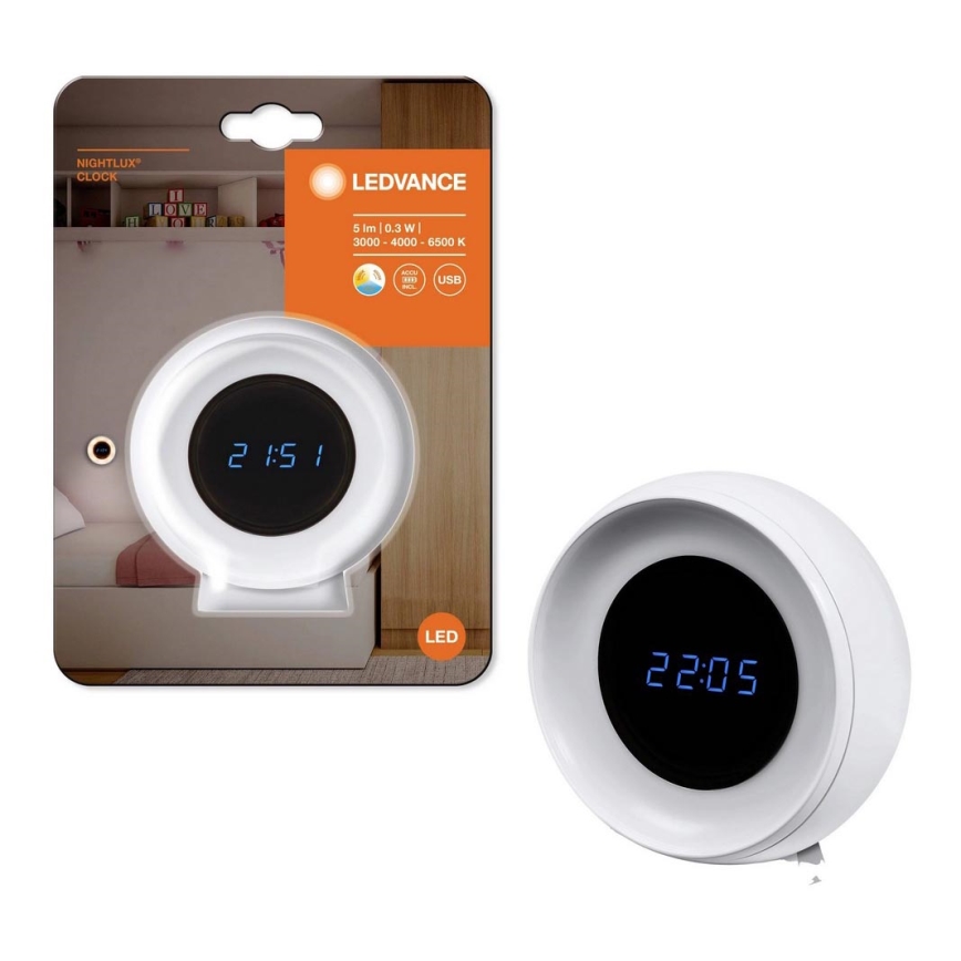 Ledvance - LED Digitālā pulkstenis ar fona apgaismojumu NIGHTLUX LED/0,3W/5V 1000mAh 3000/4000/6500K