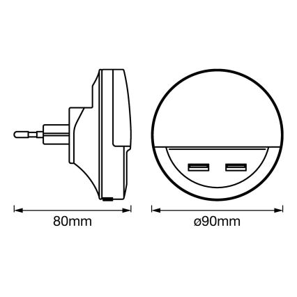 Ledvance - LED  Nakts gaismeklis kontaktligzdai ar sensoru LUNETTA 2xUSB LED/13W/230V