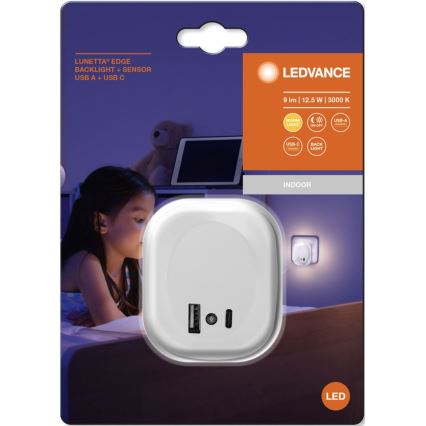 Ledvance - LED Nakts kontaktligzdas lampa ar sensoru un USB LUNETTA LED/12,5W/230V 3000K balta