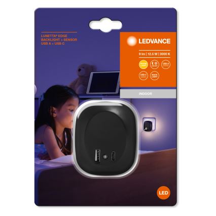 Ledvance - LED Nakts kontaktligzdas lampa ar sensoru un USB LUNETTA LED/12,5W/230V 3000K melna